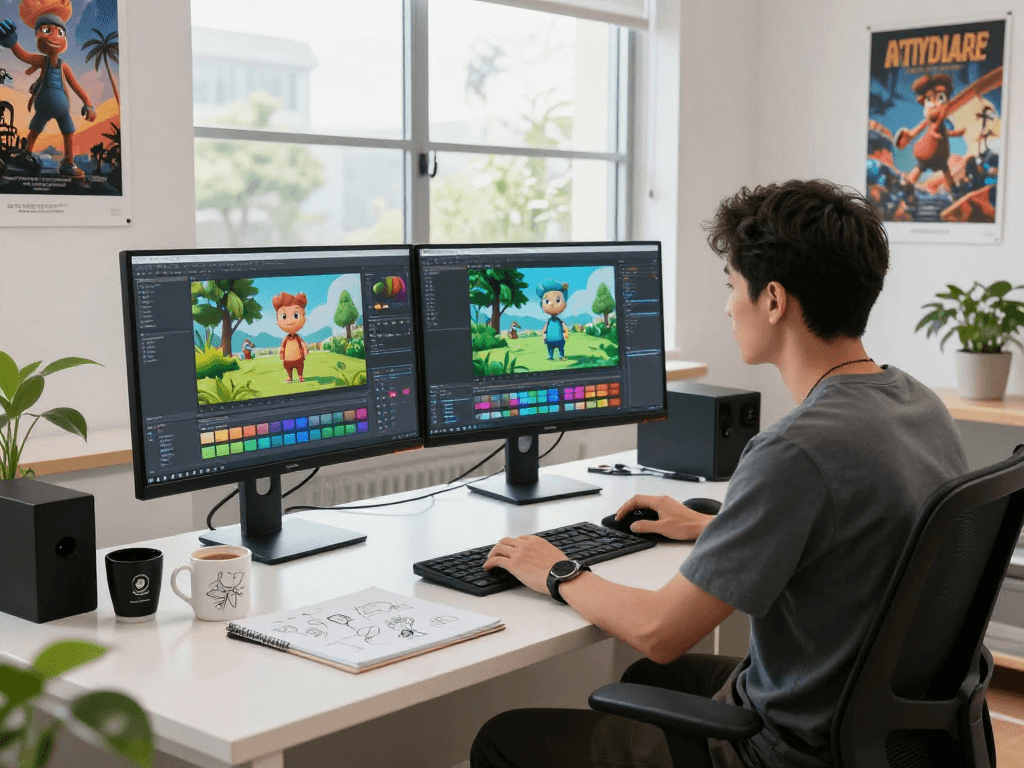 Lingkungan studio animasi profesional dengan seniman martil4d bekerja di depan monitor penuh warna.