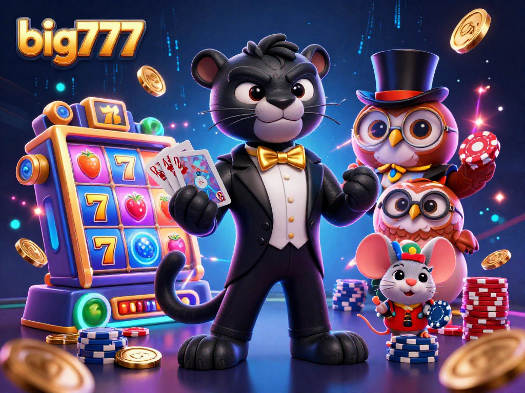 big777 jackpot scene featuring a tuxedo-clad panther, an owl with poker chips, and a lucky mouse.