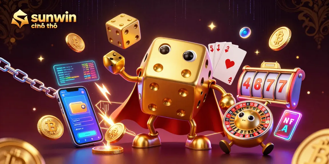 Win big with the sunwin chính chủ dice golem juggling coins and gaming elements in a vibrant 3D scene.