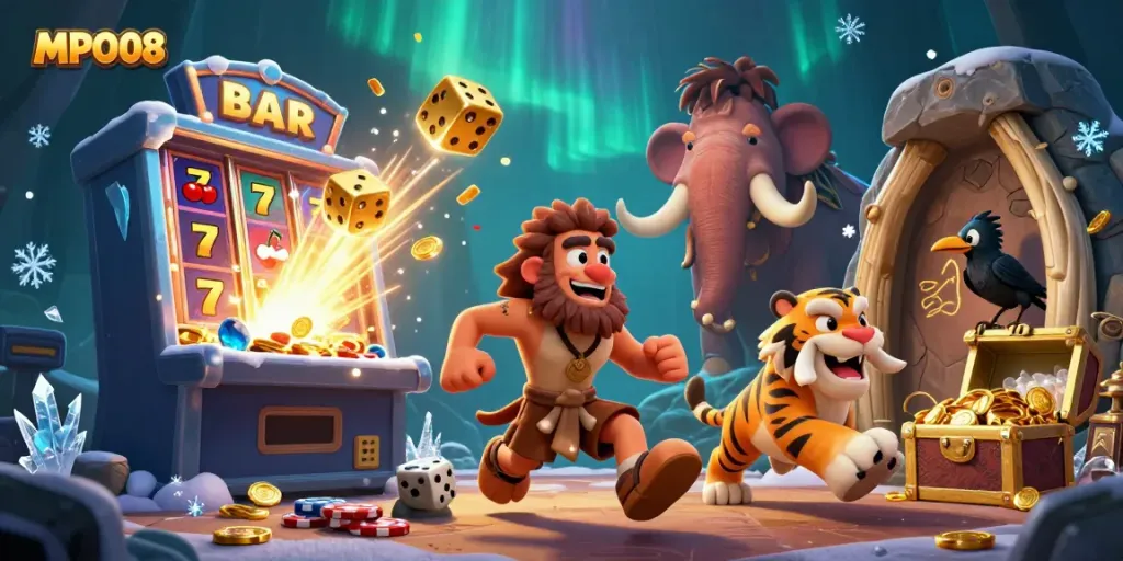 MPO08 brings excitement with dynamic caveman characters celebrating big wins in a colorful casino.