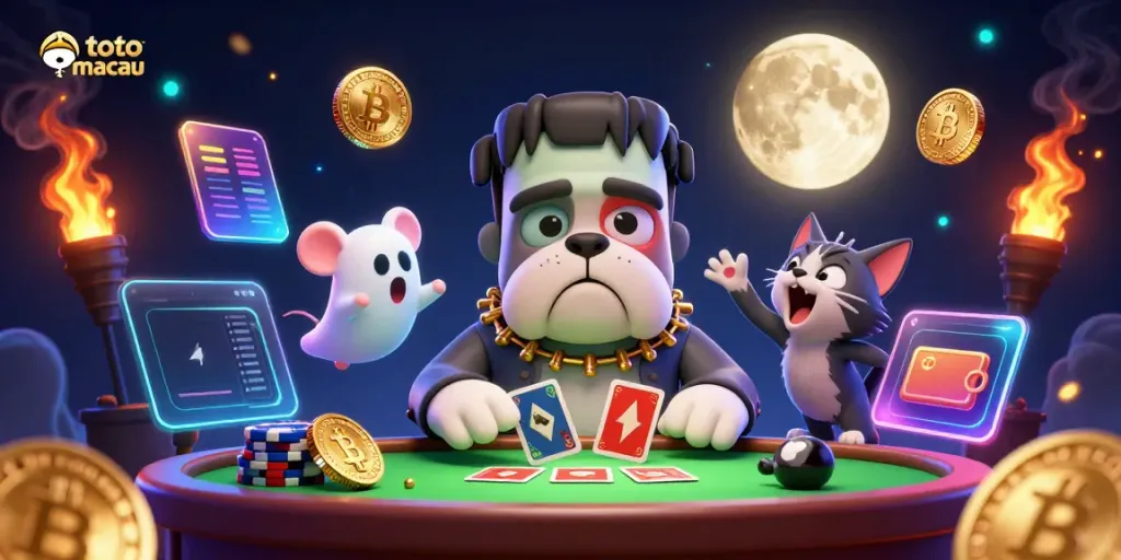 Engage with the thrilling world of toto macau as a cartoon bulldog dealer interacts with vibrant casino elements.