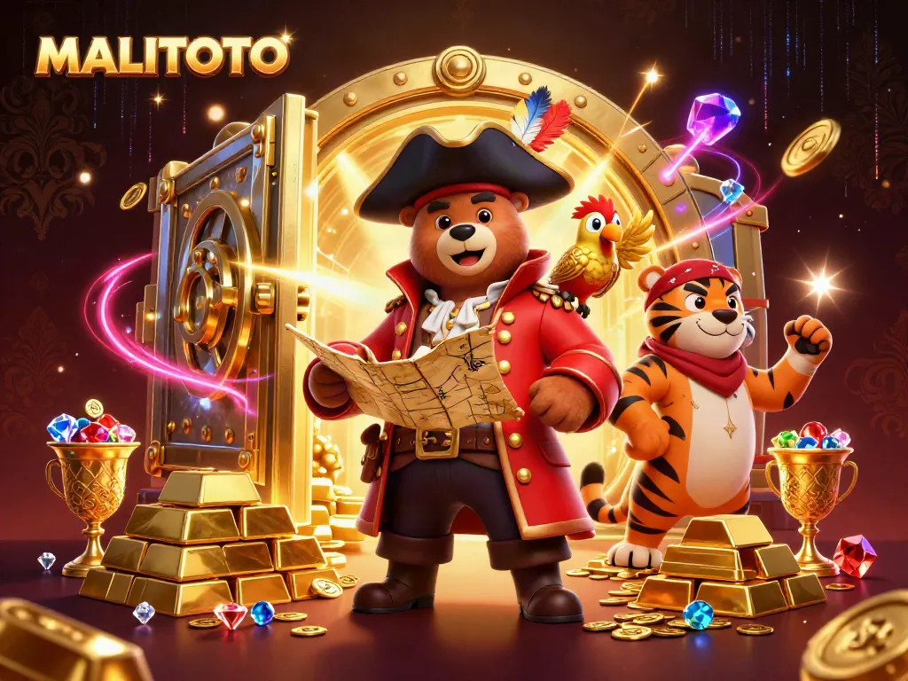 MALITOTO pirate-themed 3D illustration showcasing adventure and riches with treasure, characters, and vibrant casino elements.