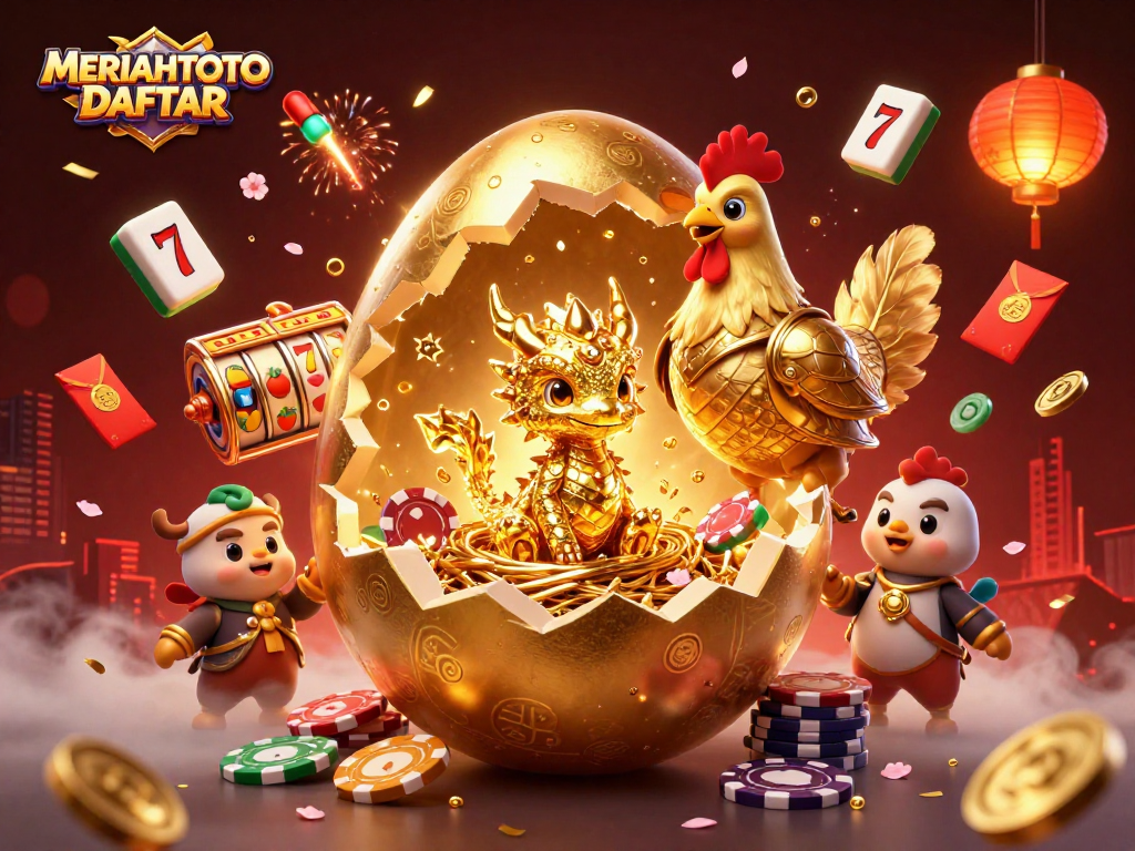 Menggambarkan MERIAHTOTO DAFTAR, naga emas dihitung di antara chip poker dan slot bertema, memancarkan keberuntungan.
