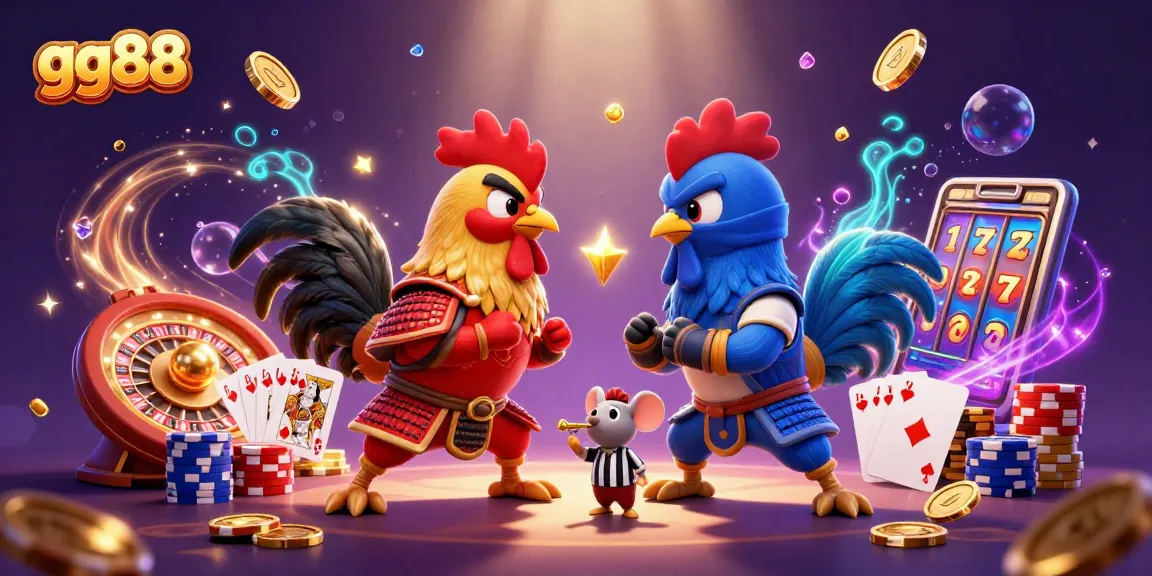 Witness an intense battle of strategy with gg88's colorful fighting roosters in a dynamic casino scene.
