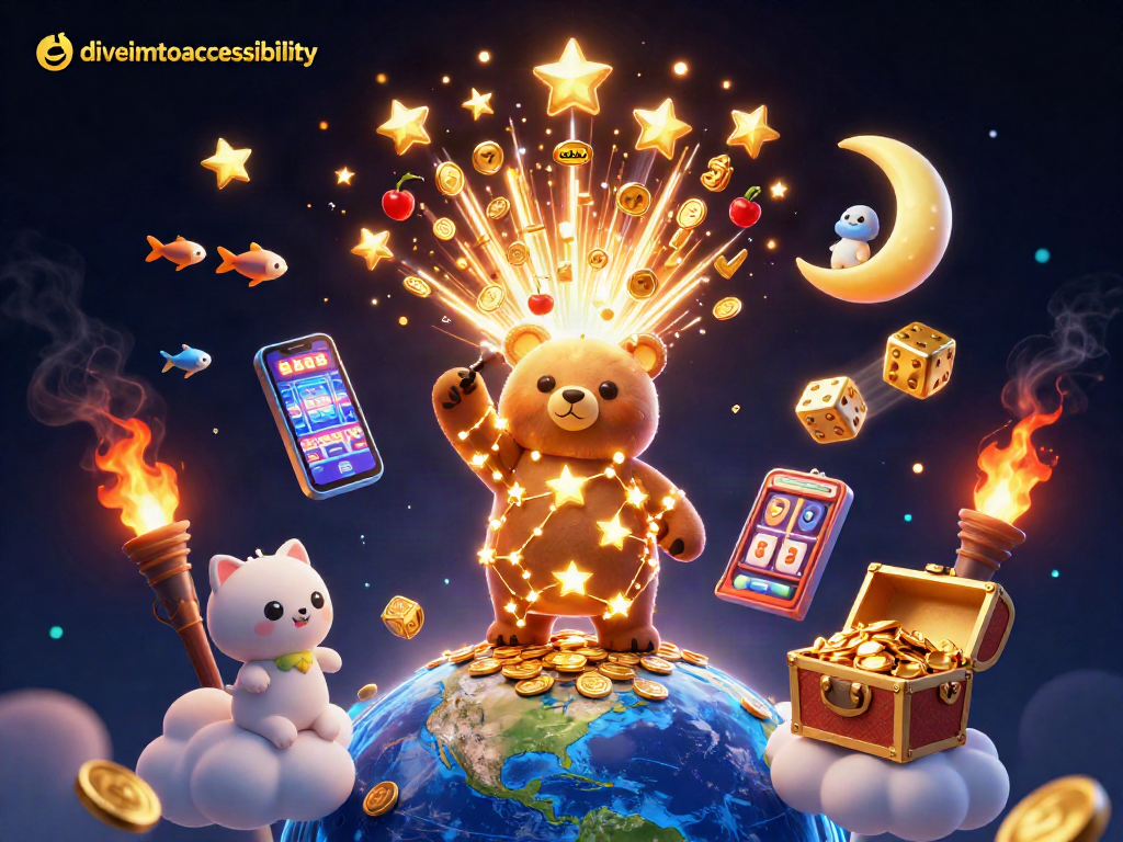 Diveintoaccessibility showcases a vibrant 3D casino scene with characters and slot machines evoking excitement.