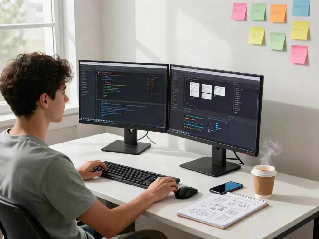 Developer bekerja di ruang kantor modern dengan tampilan kode jebol wd di monitor