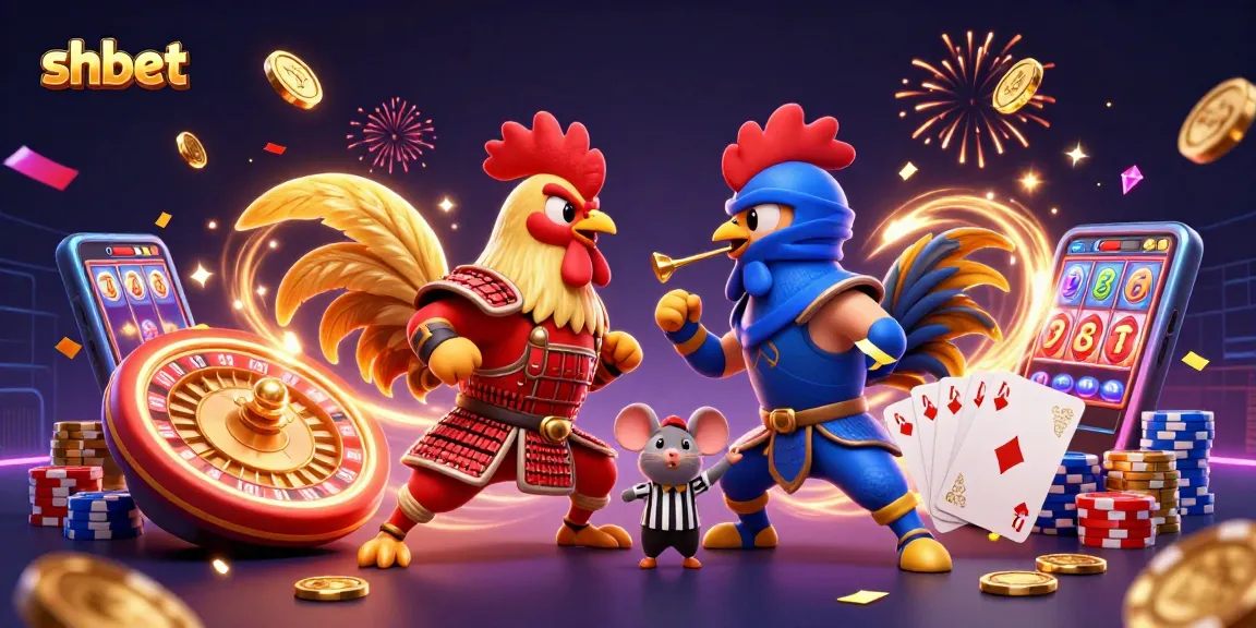 shbet showcases a vibrant scene with roosters in combat, coins, and casino elements.
