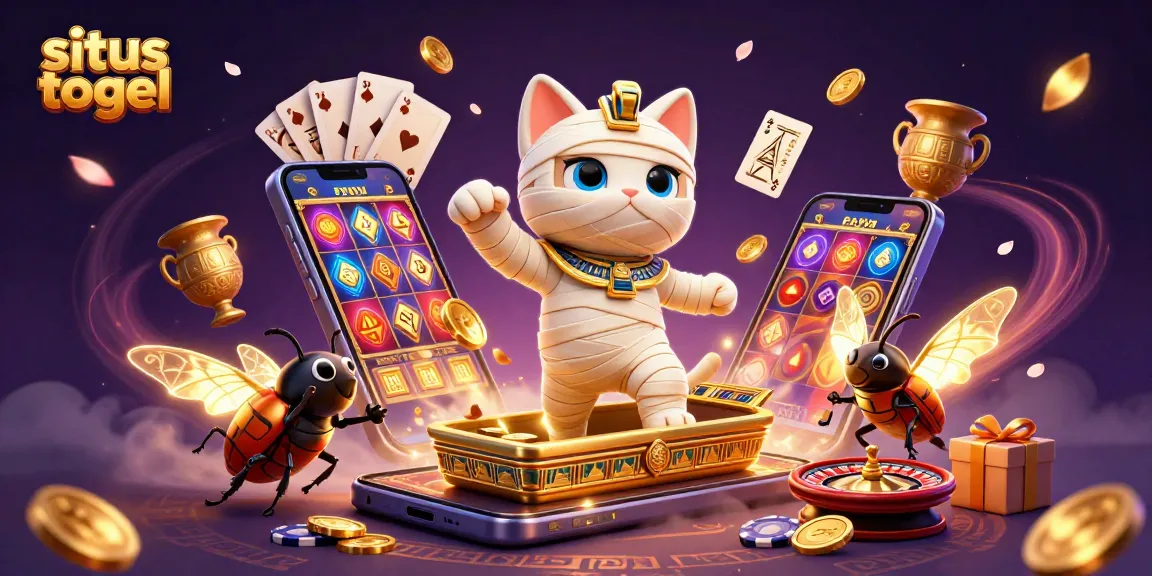 Gambar situs togel yang menunjukkan kucing mumia dari Mesir dan elemen kasino yang menarik.