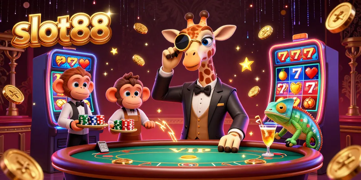 Experience the excitement of slot88 with vibrant slot machines and a high-roller giraffe.