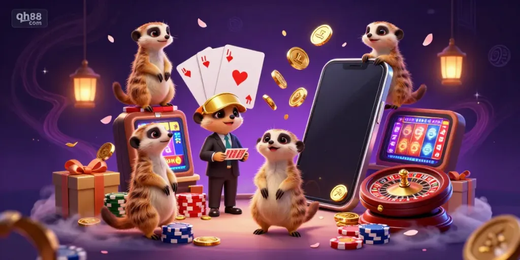 Experience thrilling gameplay at qh88 com with meerkats managing a lively casino scene full of excitement.