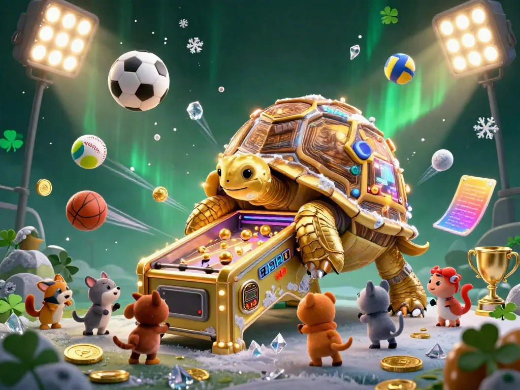 TUTITOTO invites you to play with a fun arcade-style pinball tortoise amidst lively sports theme elements.