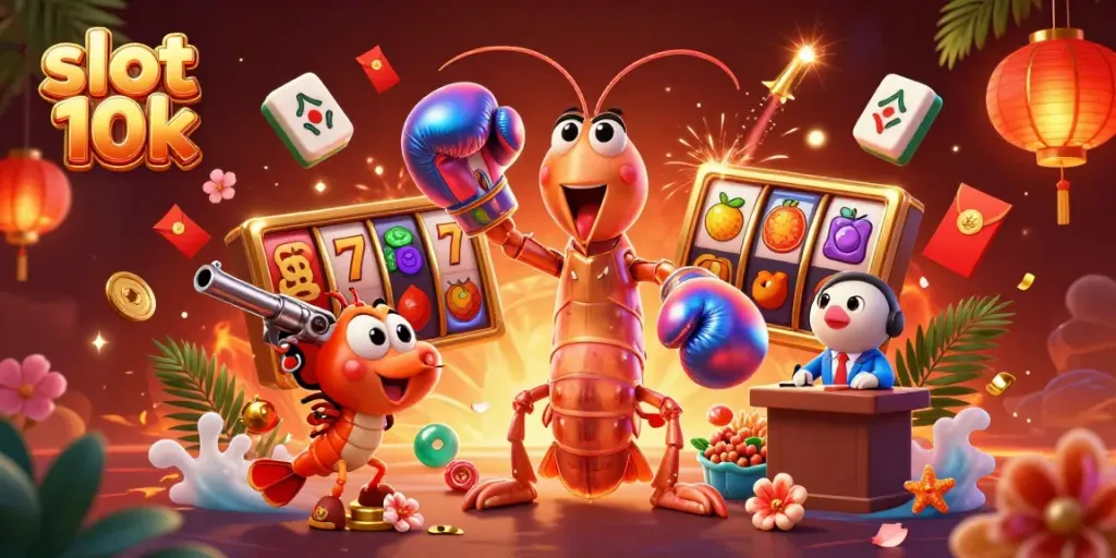 Menghadapi keberuntungan di slot 10k dengan karakter juara, simbol jackpot, dan suasana meriah di kasino