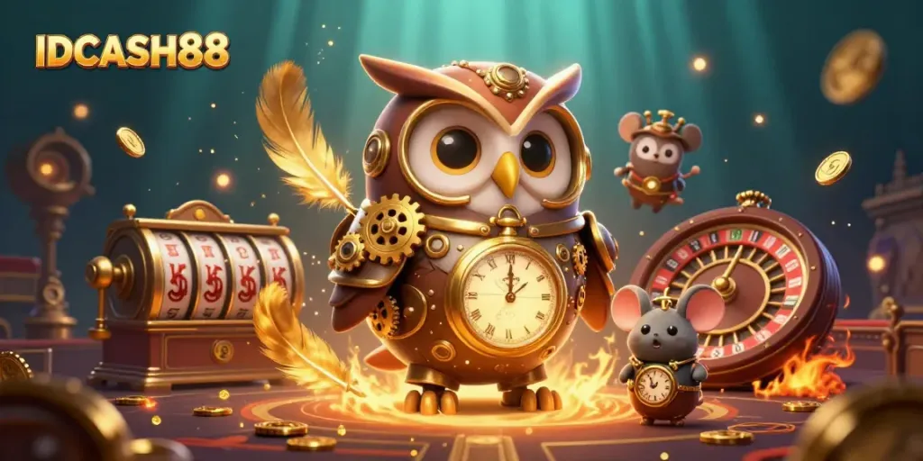 Engage with IDCASH88 slot action amidst a dynamic casino scene featuring a steampunk owl and captivating game elements.