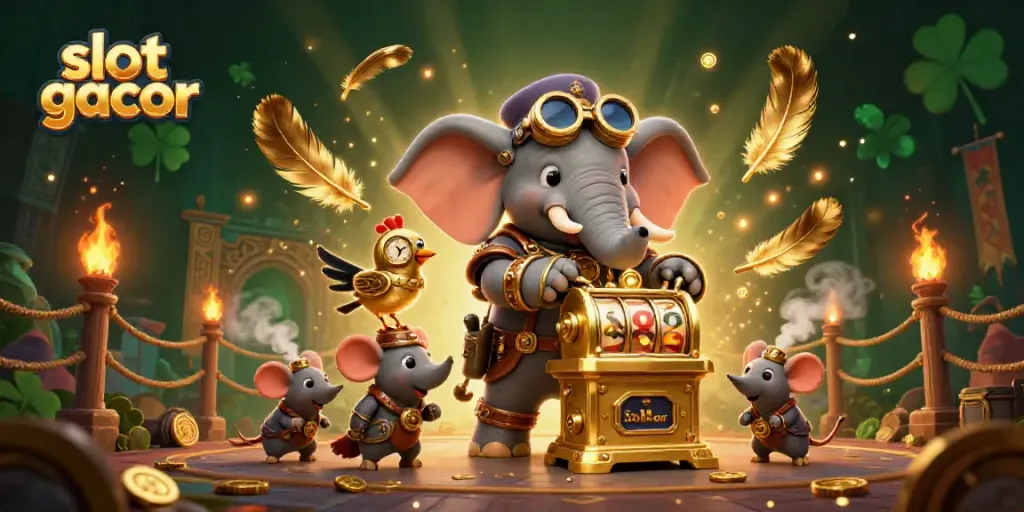Galin slot gacor dengan karakter berwarna-warni menggenggam mesin slot di arena bertema Asia.