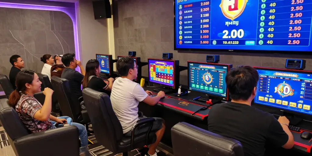 Engaging Bandar Togel 4D gaming scene with diverse players celebrating wins and colorful screens.
