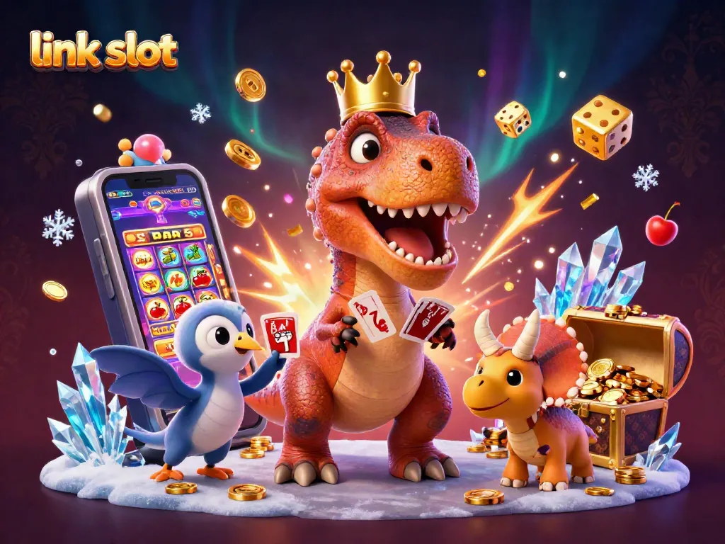 Permainan slot link slot yang menarik dengan dinosaurus dan chip emas dalam suasana penuh warna.