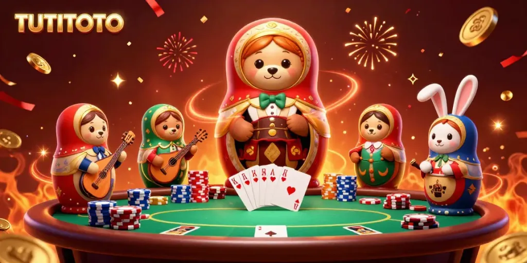 TUTITOTO animation with Matryoshka bears and casino elements creating an exciting poker scene