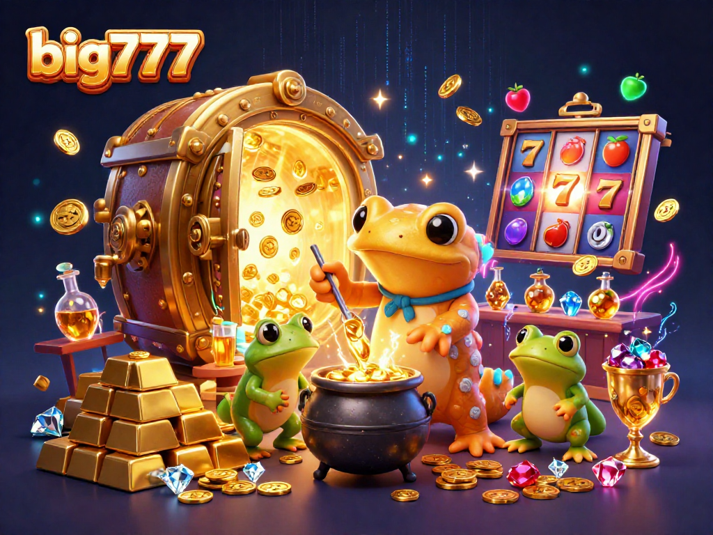 Big777 showcases cartoon alchemist transmuting gold with vibrant slot elements in rich 3D detail.