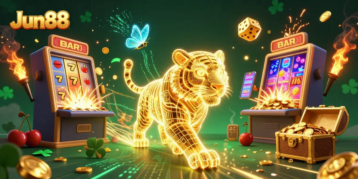 Experience exciting gaming with Jun88 at the vibrant digital casino illustrating a neon tiger.