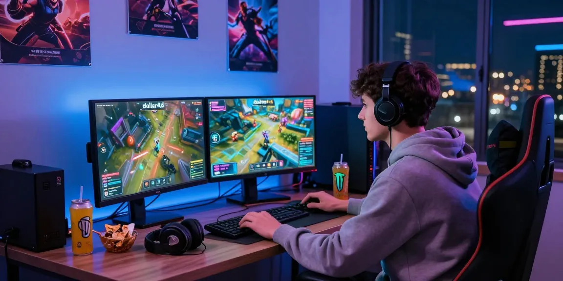 Youth engaged in dollar4d gaming strategy at dual monitors, snacks and energy drinks highlighting a dynamic environment.