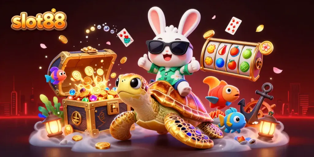 Spin the slot88 reels with a lucky rabbit and golden sea turtle, surrounded by vibrant treasures.