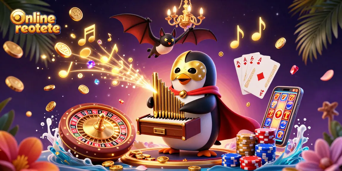 Experience online roulette with a dynamic scene featuring a penguin playing a pipe organ, surrounded by casino elements.