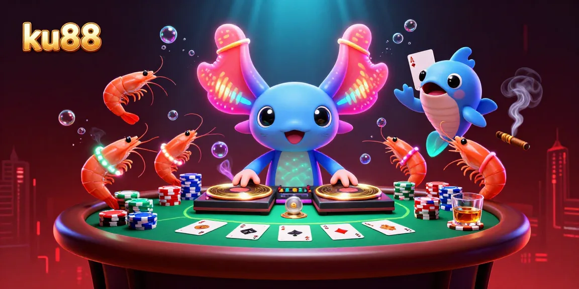 ku88 casino illustration featuring a vibrant axolotl DJ, poker elements, and underwater scenery