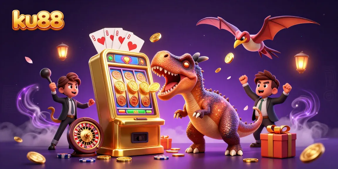 ku88 jackpot scene with a pachycephalosaurus, a panicked ankylosaur, and a pteranodon amidst casino symbols.