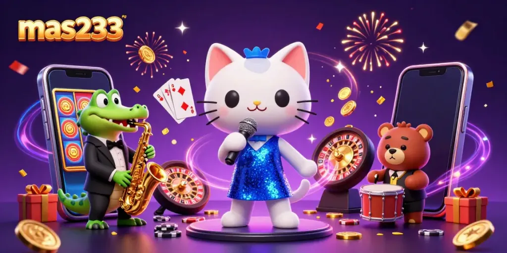 Mas233 merayakan kemenangan dengan kucing penyanyi jazz dan teman-teman dalam ilustrasi 3D meriah.