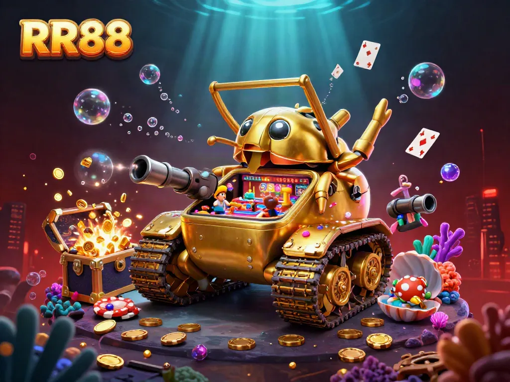 Experience the fun at RR88 with a vibrant 3D illustration of a golden beetle tank casino bursting with action.