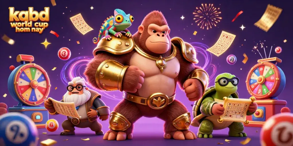 The scene showcases the thrilling "kqbd world cup hom nay" moment with vibrant lottery elements, golden tickets, and dynamic action, emphasizing excitement.