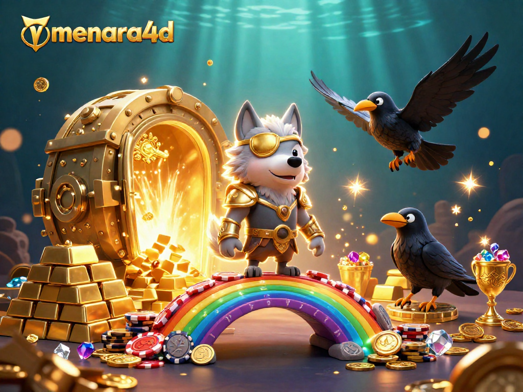 menara4d menghadirkan ilustrasi imersif dengan Odin dan ravennya di dunia kasino yang kaya harta