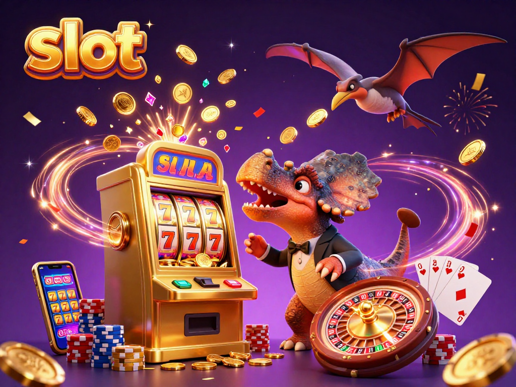 Catch flying coins while spinning slot reels in a vibrant 3D casino scene.