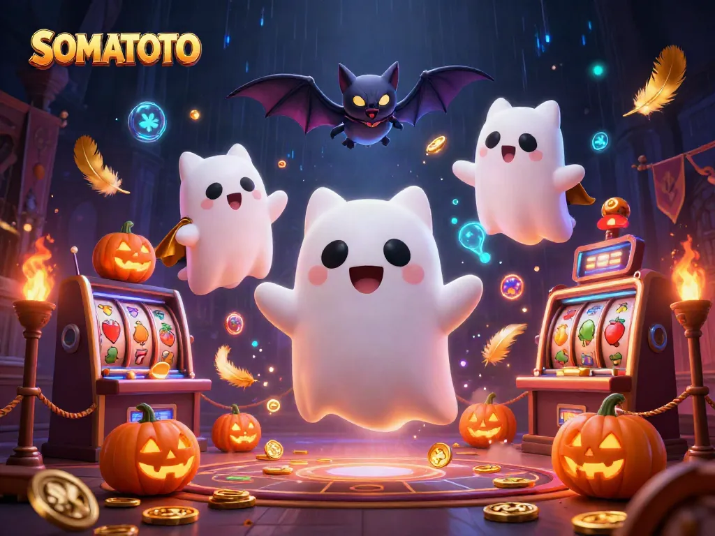 SOMATOTO showcases an enchanting haunted casino scene featuring a friendly ghost cat, vampire bat, and glowing jack-o-lanterns intertwined with slot game elements.