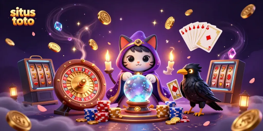 Engage in situs toto gaming with a vibrant, mystical scene featuring a fortune teller cat and poker elements.