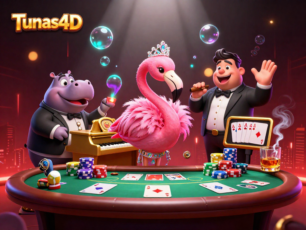 Engage in Tunas4D's thrilling atmosphere with a vibrant casino scene featuring colorful poker elements.