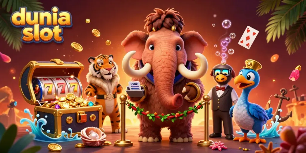 Geng kasino dunia slot dengan mamoth, harimau, dan burung dodo di latar belakang menakjubkan.