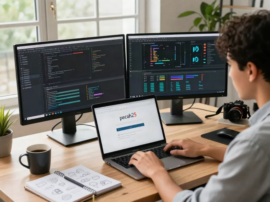 Antarmuka pecah25 login dalam ruang kerja modern, menunjukkan fokus pada desain perangkat lunak dan produktivitas.