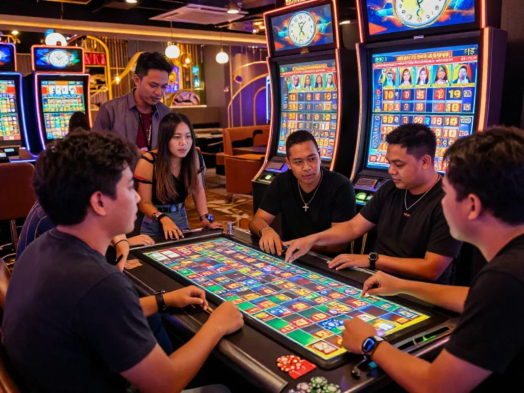 Engaged players enjoying Bandar Togel at a lively gaming lounge with digital lottery displays.