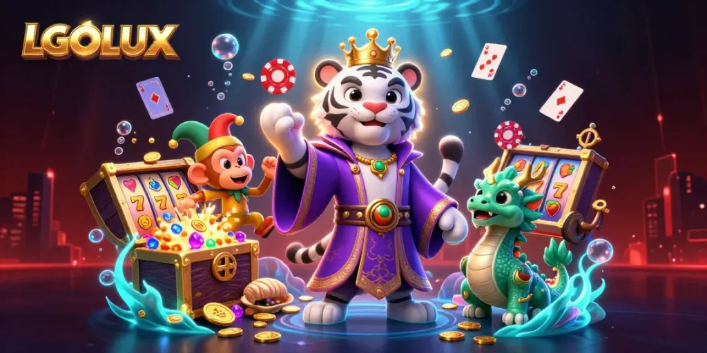 Engage with LGOLUX as the vibrant characters celebrate wins with casino-themed decorations and lively ambiance.