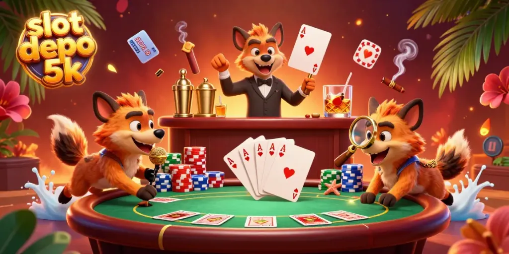 Engage with slot depo 5k in this lively comedy casino club, featuring hyenas and vibrant gaming elements.