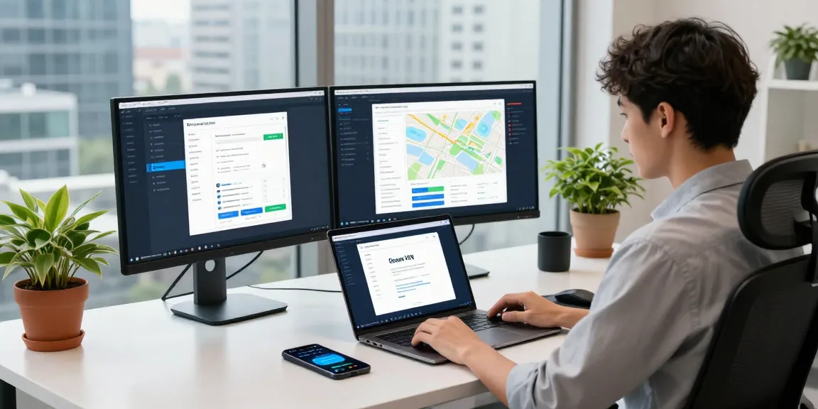 Professional using a proxy browser on laptop in a modern workspace