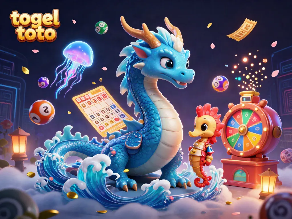 Menangkan togel toto dengan dragon air yang berkilau di tengah gelembung warna-warni dan efek uang yang jatuh.