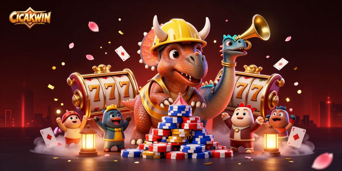 Permainan slot di CICAKWIN dengan triceratops dan elemen kasino yang ceria.
