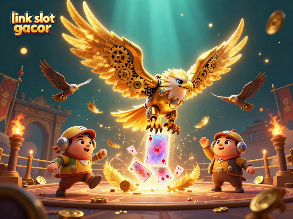 Menangkan jackpot di link slot gacor dengan ilustrasi burung elang liar terbang di atas tumpukan koin emas.