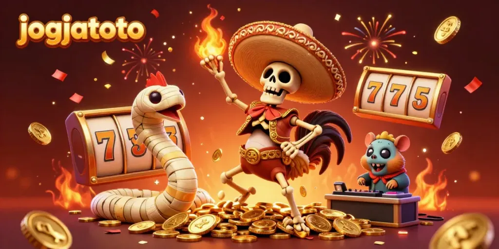 Experience the excitement of jogjatoto with a vibrant 3D illustration of a dancing skeleton mariachi rooster amid colorful casino elements.