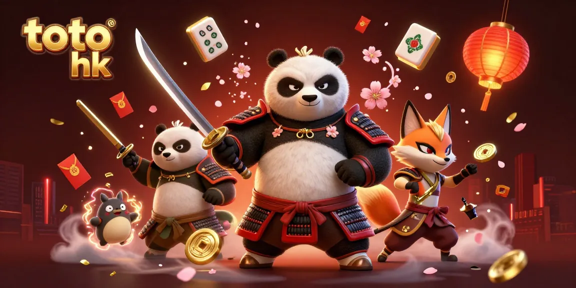 Menggandakan peluang menang di toto hk dengan ilustrasi samurai panda, rubah ninja, dan tanuki bertema kasino.
