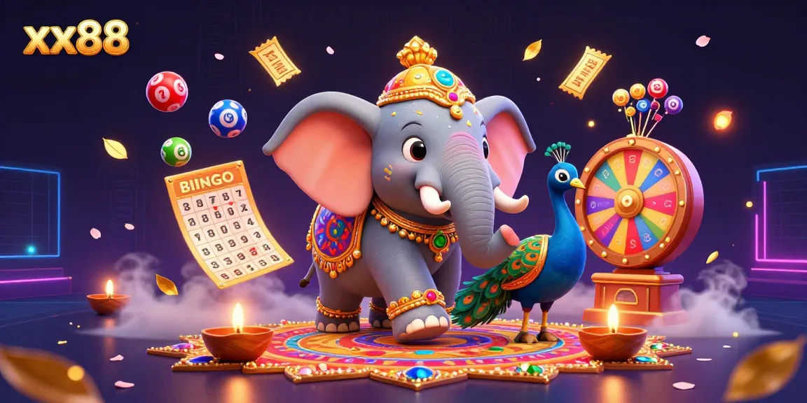 Engage in thrilling games at xx88 with a vibrant and colorful illustration of a Diwali elephant, showcasing dynamic gambling elements.