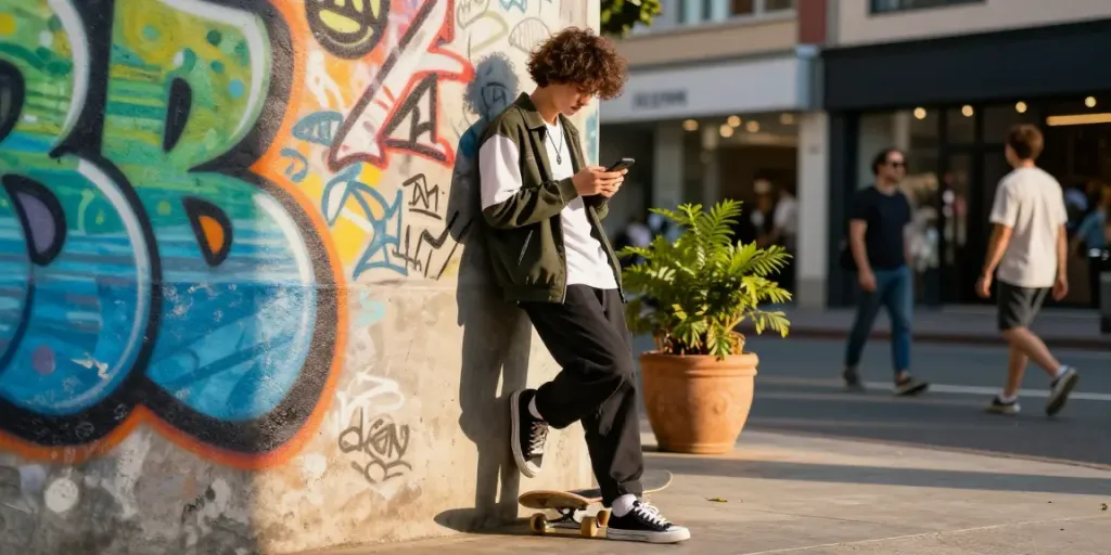 Gaya hidup dan fashion natunatoto di lingkungan perkotaan dengan skateboard.