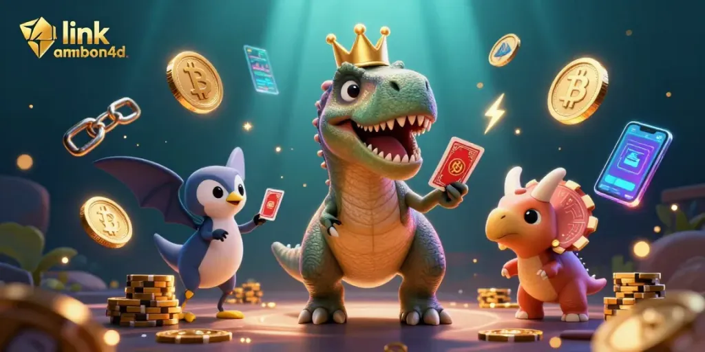Engage in thrilling gaming with link ambon4d featuring a T-Rex shuffling cards and a baby triceratops stacking chips.